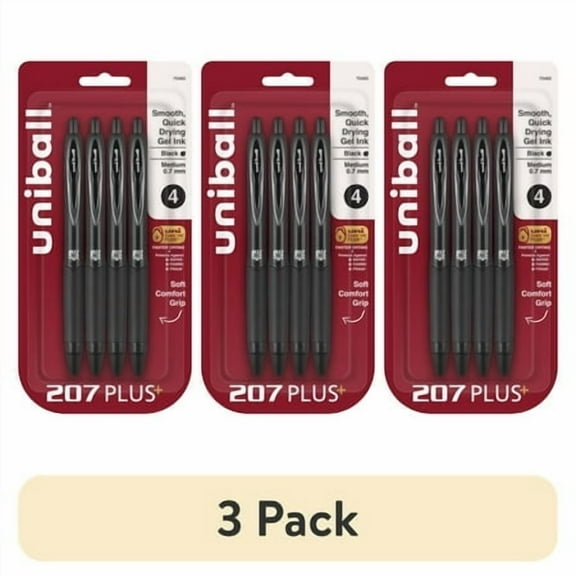 (3 pack) uniball 207 Plus+ Retractable Gel Pens, Medium Point (0.7mm), Black Ink, 4 Count