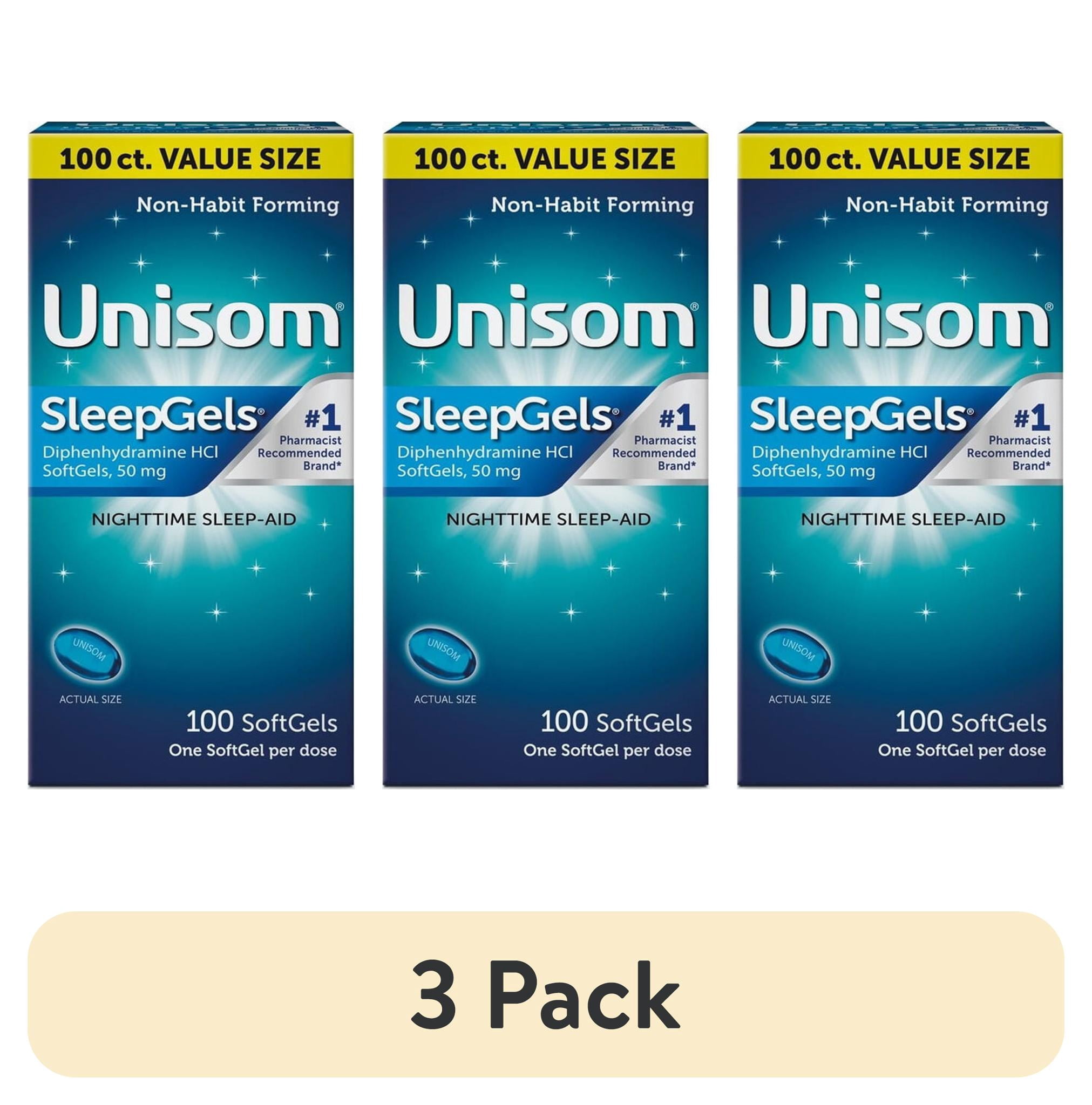 (3 pack) Unisom SleepGels Diphenhydramine HCL Softgel Sleeping Pills, Nighttime Sleep Aid, 50 mg, 100 Count