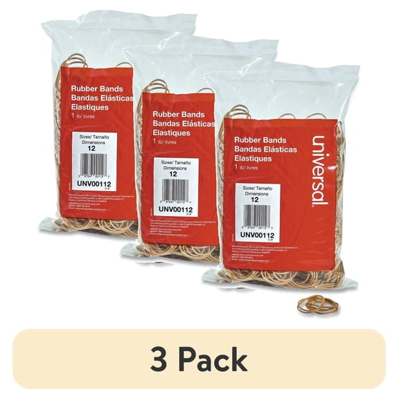 (3 pack) Universal Rubber Bands, Size 12, 1-3/4 x 1/16, 2500 Bands/1lb Pack -UNV00112