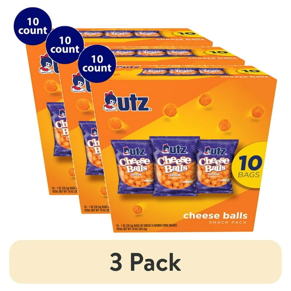 (3 pack) Utz Cheese Balls Snack Pack, Multipack, 1 oz, 10 Count