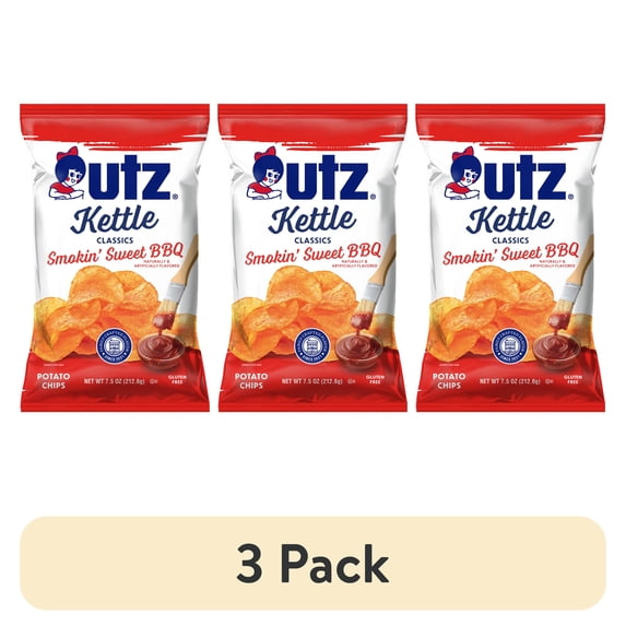 (3 pack) Utz Kettle Classics Smokin' Sweet BBQ Potato Chips, Gluten-Free, 7.5 oz Bag