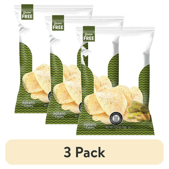 (3 pack) Utz Ripples Fried Dill Pickle Potato Chips, Gluten-Free, 2.75 oz Bag