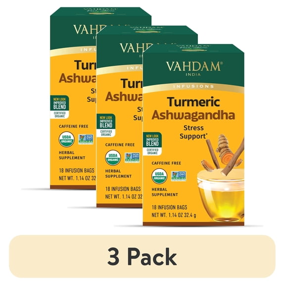 (3 pack) VAHDAM, Organic Turmeric Ashwagandha Herbal Tea Bags (18 Count) Caffeine Free, Eco-Friendly Tea Bags