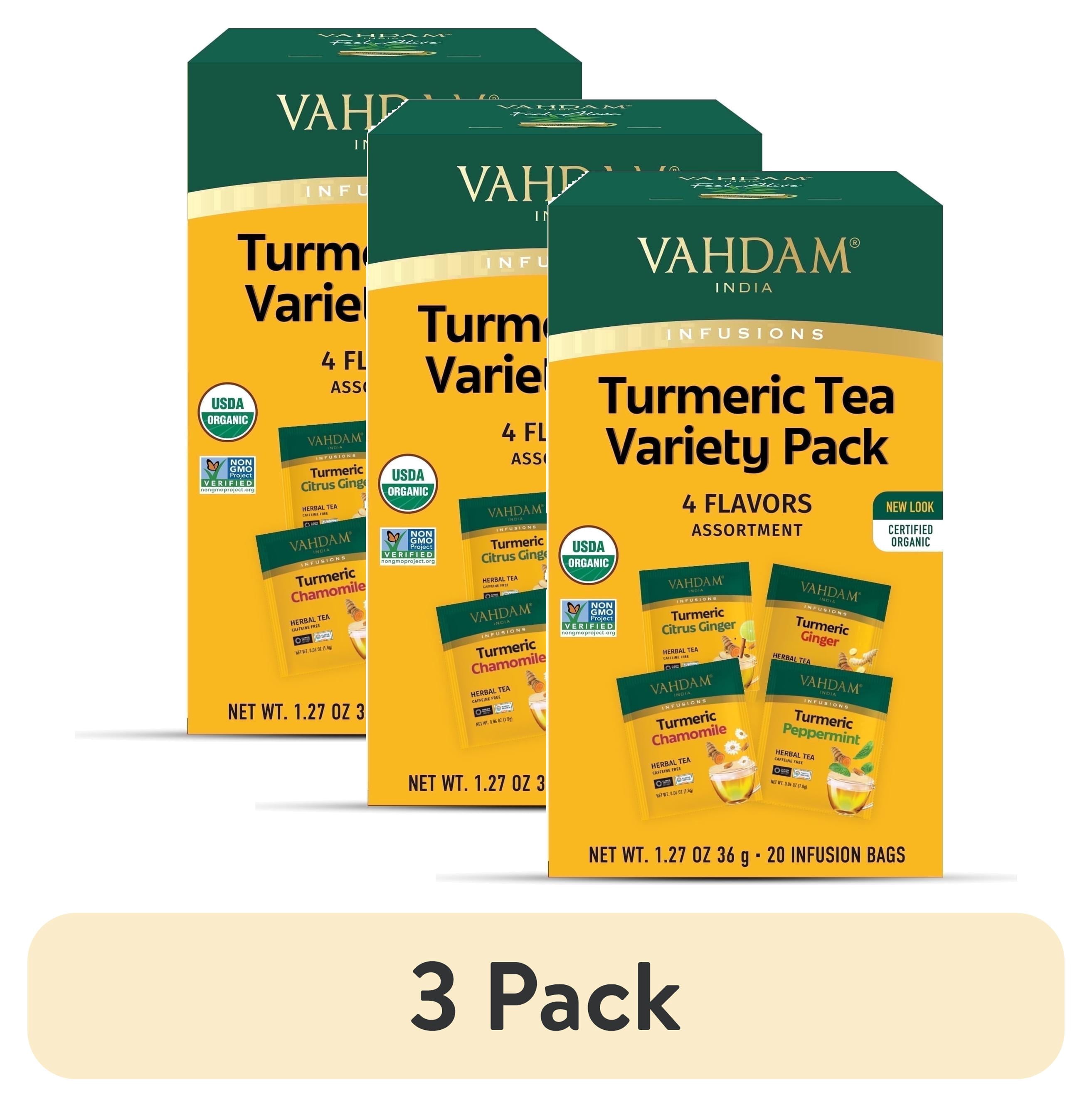 (3 pack) VAHDAM, USDA Organic Turmeric Herbal Tea Sampler (20 Tea Bags, 4 Flavors), Caffeine-Free, Gluten-Free |Turmeric with Citrus, Ginger, Chamomile & Peppermint Tea Variety | Individually Wrapped
