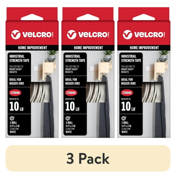 (3 pack) VELCRO Brand Industrial Strength Tape | Indoor & Outdoor Use | Superior Holding Power on Smooth Surfaces | 5ft x 2in Tape | White