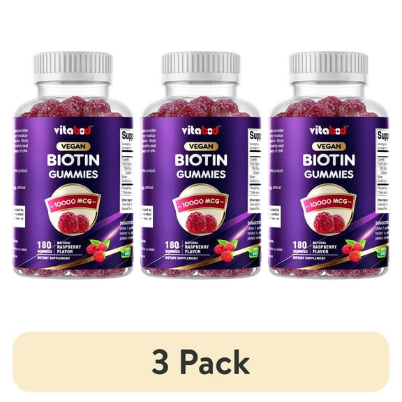 (3 pack) VITABOD Biotin Gummies 10000mcg for Healthy Hair, Skin & Nails Growth Vitamins for Women, Men & Kids - Vegan, Non-GMO, Hair Growth Supplement 180 Gummies