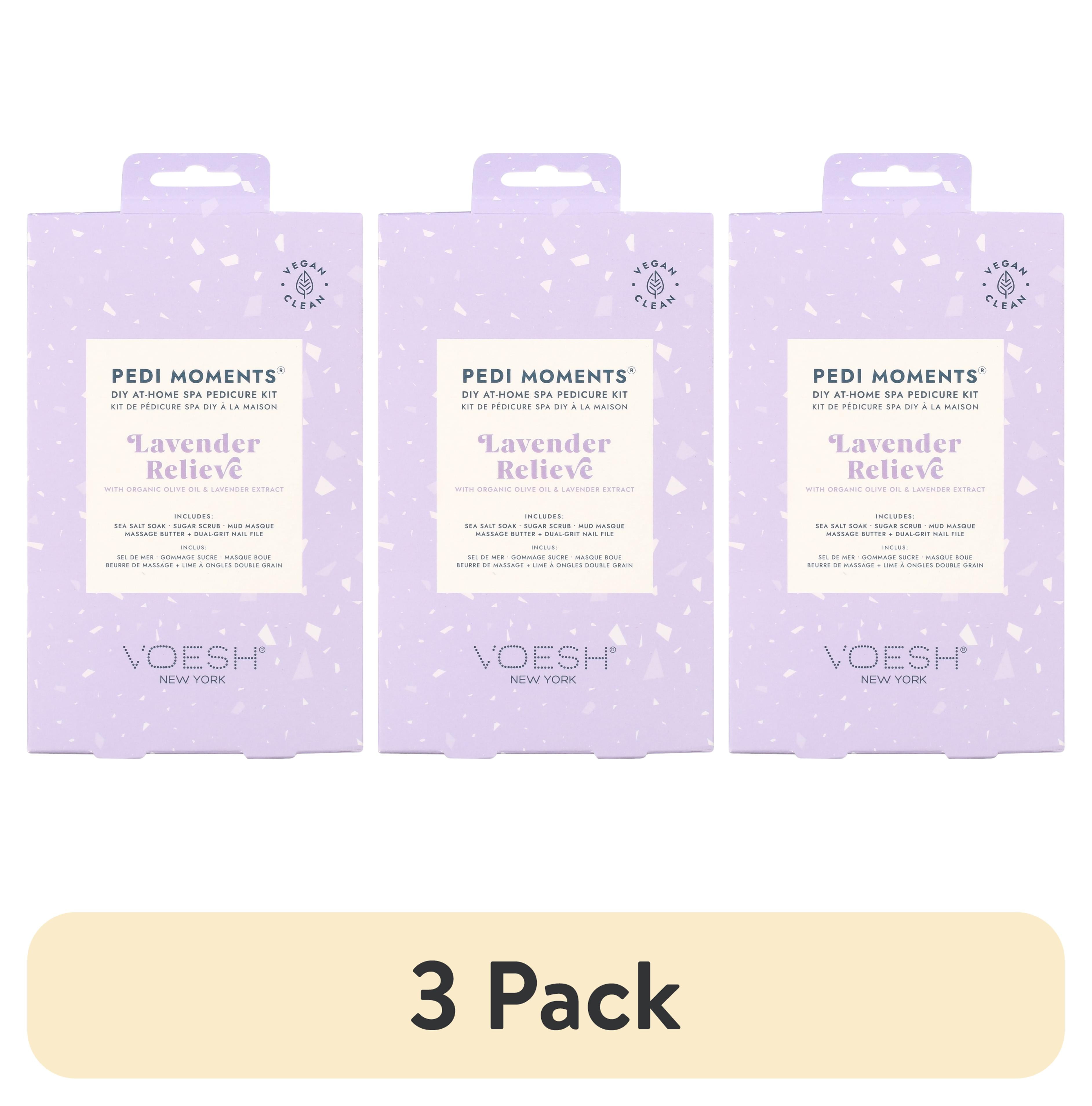 (3 pack) VOESH Pedi Moments 4 Step Pedicure Kit in Lavender Relieve:  Includes - Sea Salt Soak, Sugar Scrub, Mud Masque, Massage Butter and Dual Grit Nail File