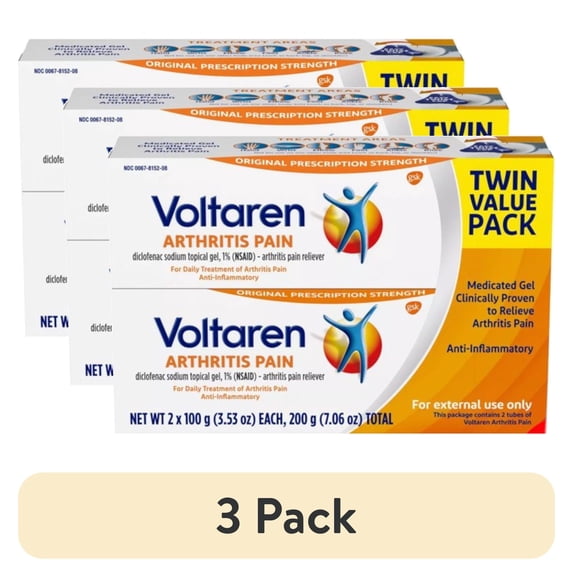(3 pack) Voltaren Arthritis Pain Relief Gel, Diclofenac Sodium 1% (NSAID), Original Prescription Strength, Twin Value Pack, 2 Tubes 3.53 oz Each (7.06 oz Total)