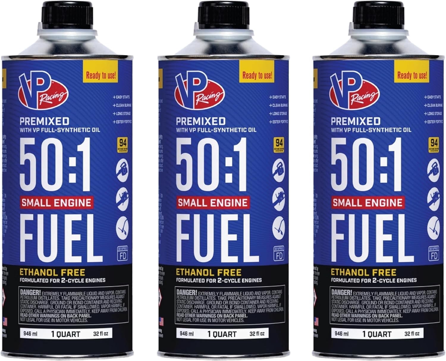 3-pack VP Racing Fuels 50:1 SEF 2 Cycle Pre-Mixed Gas + Oil Fuel, Ready to Use, 3 Pack 1 Quart Bottles — Residential Use, Standard Application