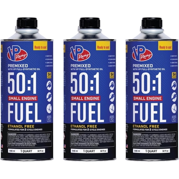 3-pack VP Racing Fuels 50:1 SEF 2 Cycle Pre-Mixed Gas + Oil Fuel, Ready to Use, 3 Pack 1 Quart Bottles — Residential Use, Standard Application