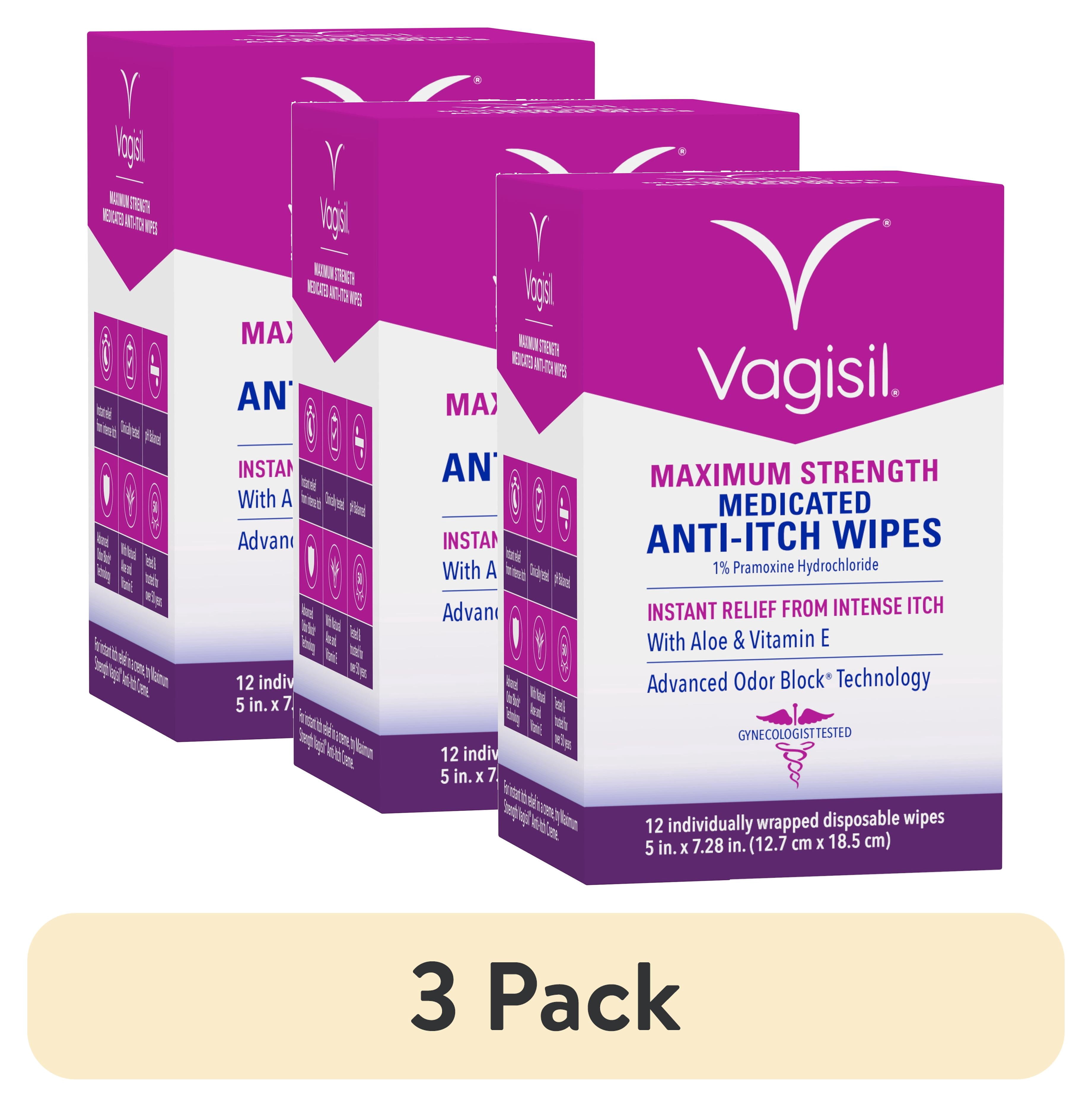 (3 pack) Vagisil Anti-Itch Medicated Feminine Intimate Wipes for Women, Maximum Strength, Gynecologist Tested, 12 Wipes