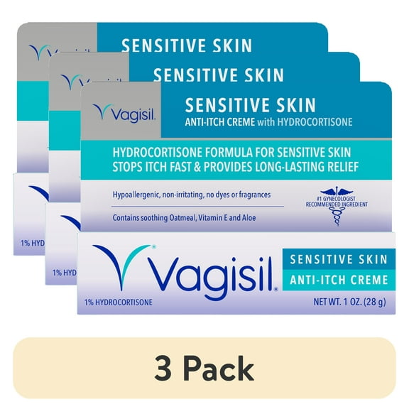(3 pack) Vagisil Sensitive Skin Anti-Itch Cream for Women, with Hydrocortisone, Helps relieve Yeast Infection Irritation, Soothes & Cools, 1oz