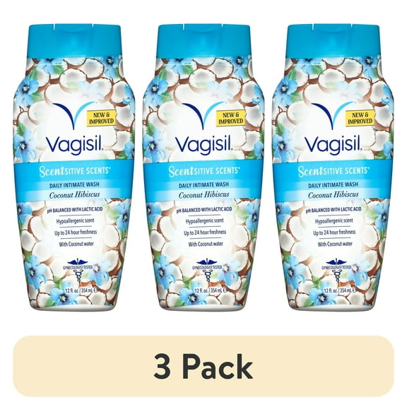 (3 pack) Vagisil Feminine Wash for Intimate Area Hygiene, Scentsitive Scents, pH Balanced and Gynecologist Tested, Coconut Hibiscus, 12 oz