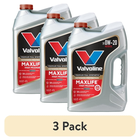 (3 pack) Valvoline MaxLife Extended Protection Full Synthetic High Mileage 0W-20 Motor Oil 5 Quart