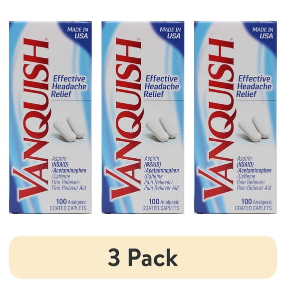 (3 pack) Vanquish Effective Headache Relief – Aspirin (NSAID), Acetaminophen, Caffeine, 100 Analgesic Coated Caplets