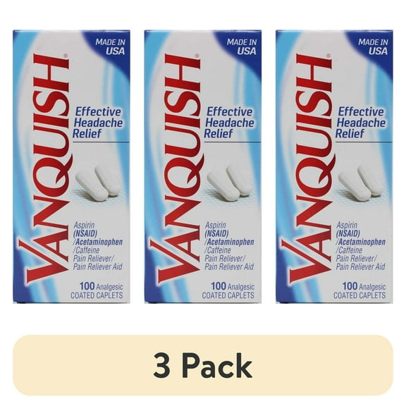(3 pack) Vanquish Effective Headache Relief Aspirin (NSAID), Acetaminophen, Caffeine, 100 Analgesic Coated Caplets