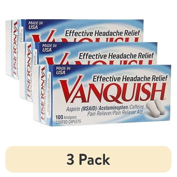 (3 pack) Vanquish Effective Headache Relief – Aspirin (NSAID), Acetaminophen, Caffeine, 100 Analgesic Coated Caplets