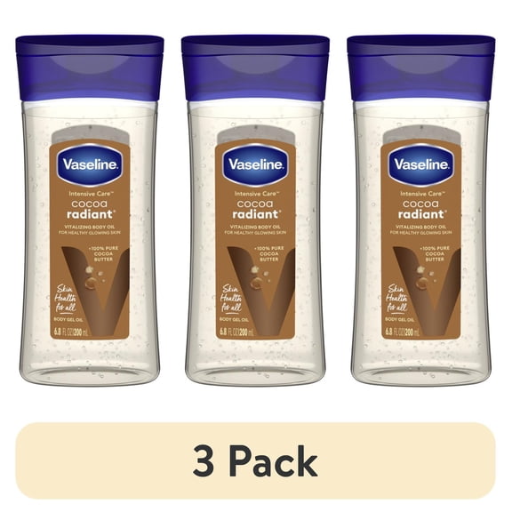(3 pack) Vaseline Intensive Care Cocoa Radiant Body Gel Oil for Glowing Skin, 6.8 oz