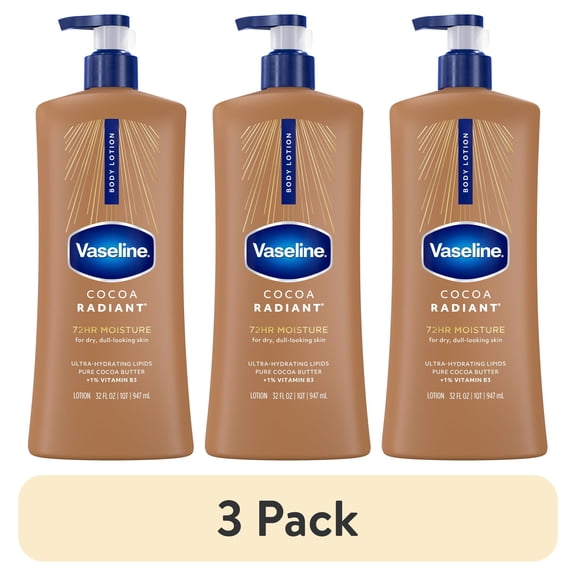 (3 pack) Vaseline Intensive Care Body Lotion for Dry Skin Cocoa Radiant Lotion Made with Ultra-Hydrating Lipids and Pure Cocoa Butter for a Long-Lasting, Radiant Glow, 32 fl oz