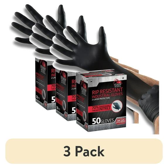 (3 pack) Venom Steel Premium Industrial Black Nitrile Gloves, One Size Fits Most, 50 ct