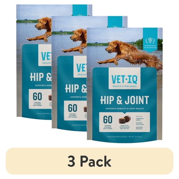 (3 pack) VetIQ Hip & Joint Supplement for Dogs, Chicken Flavored Soft Chews, 7.4 oz, 60 Count