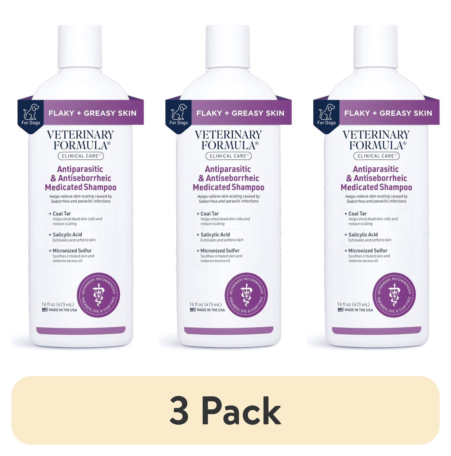 (3 pack) Veterinary Formula Clinical Care Antiparasitic & Antiseborrheic Shampoo for Dogs, 16 oz