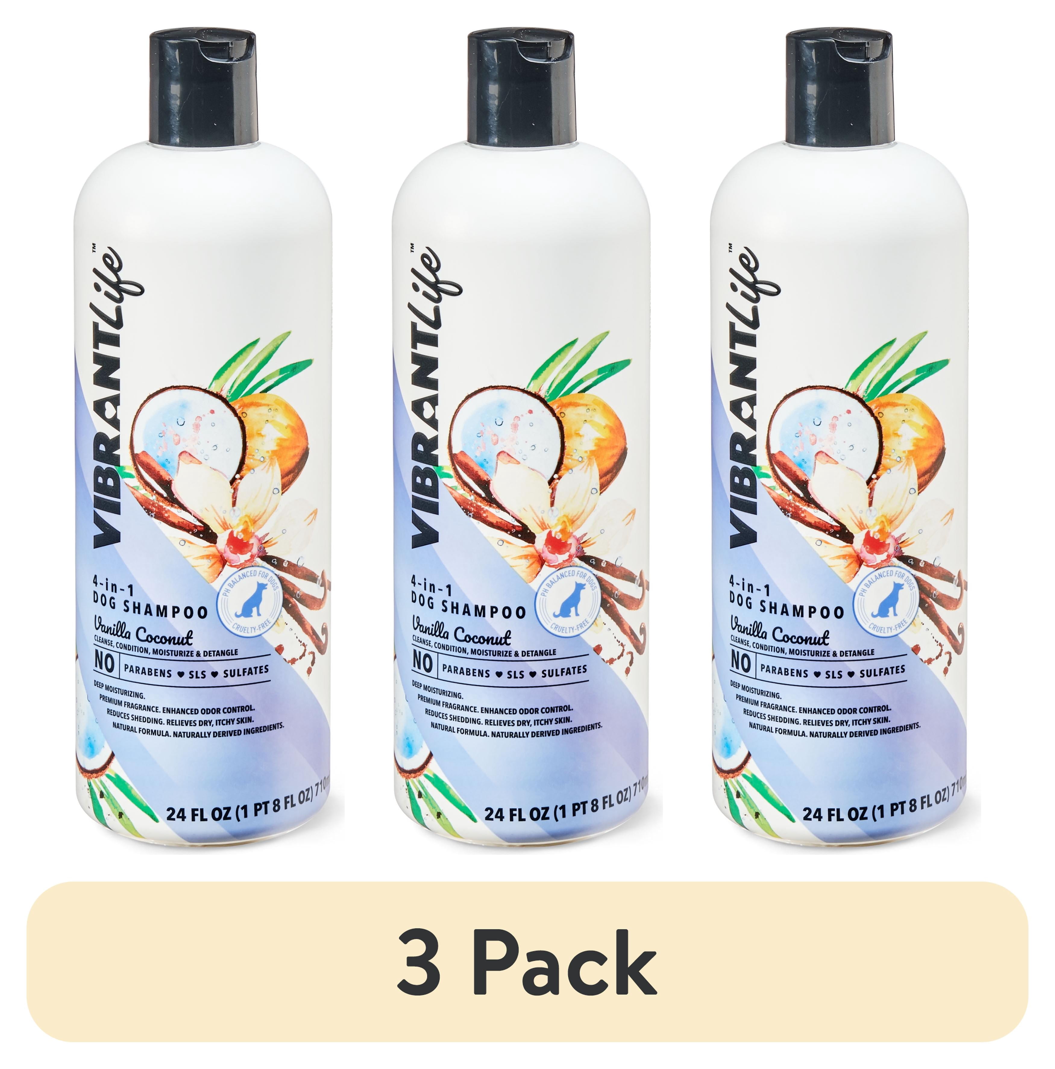 (3 pack) Vibrant Life 4-in-1 Dog Shampoo, Vanilla Coconut Scent, Cleanse, Condition, Moisturize and Detangle your dog's fur, 24 fl oz