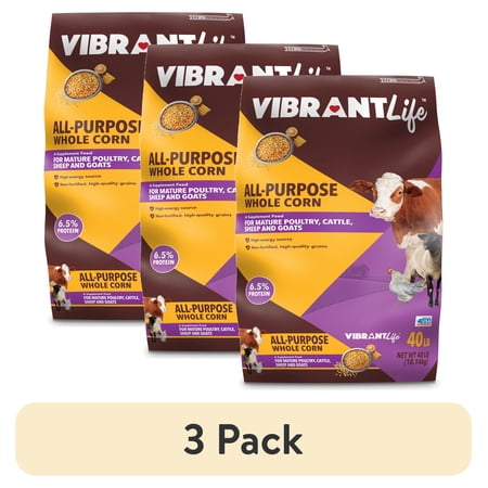 (3 pack) Vibrant Life All-Purpose Whole Corn Animal Feed for Mature Poultry, Cattle, Sheep, and Goats, 40 lb