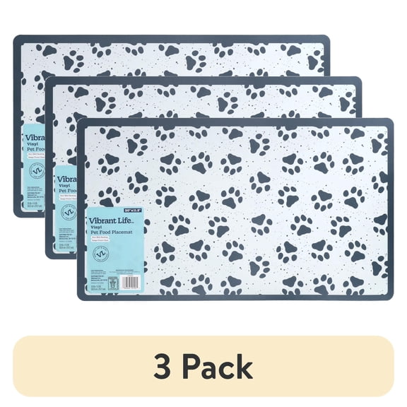 (3 pack) Vibrant Life Vinyl Pet Food Placemat, Blue Paws, 20" x 11.5"