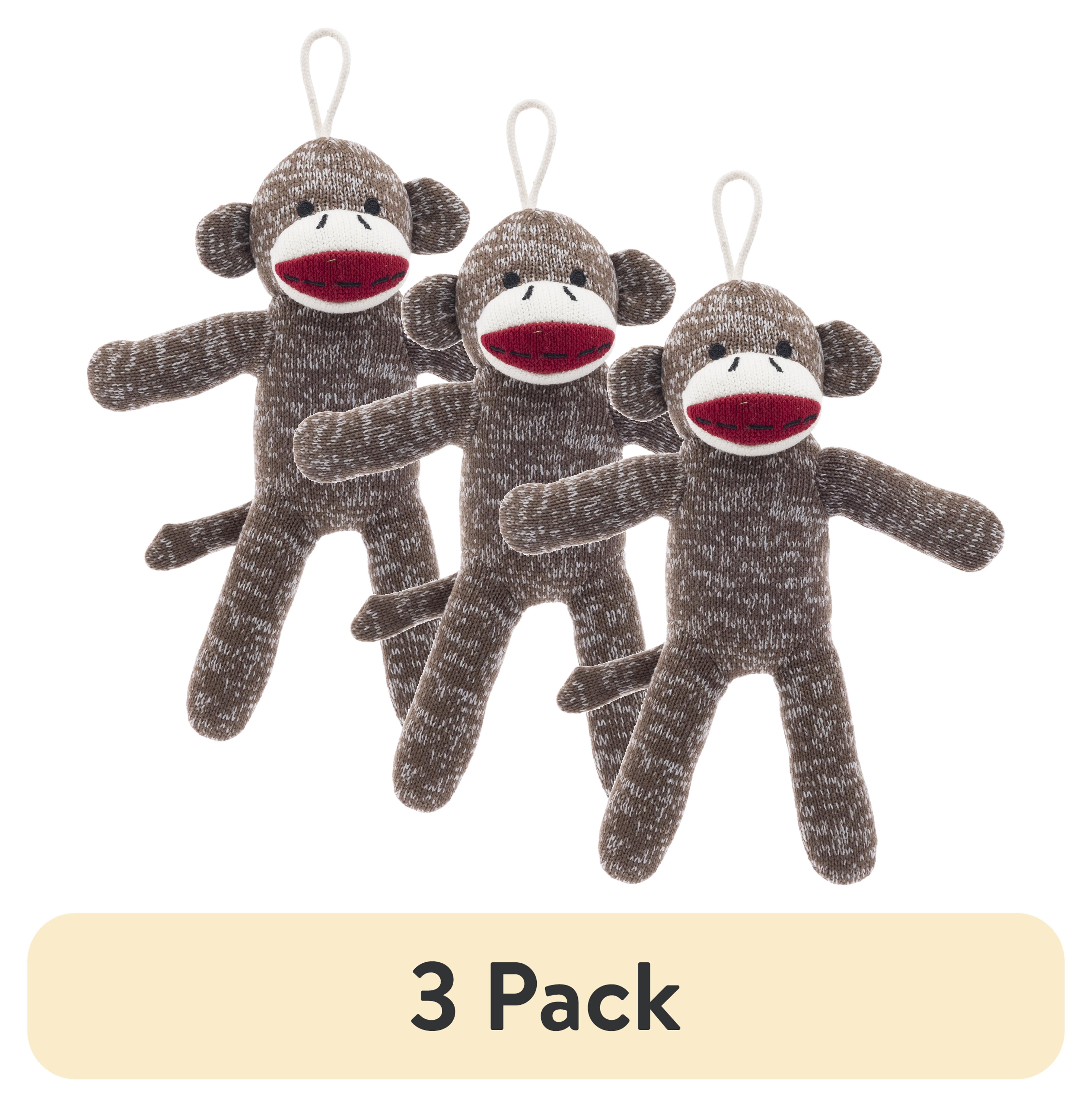 (3 pack) Vibrant Life Brown Sock Monkey Plush Dog Toy with Squeaker, Chew Level 1