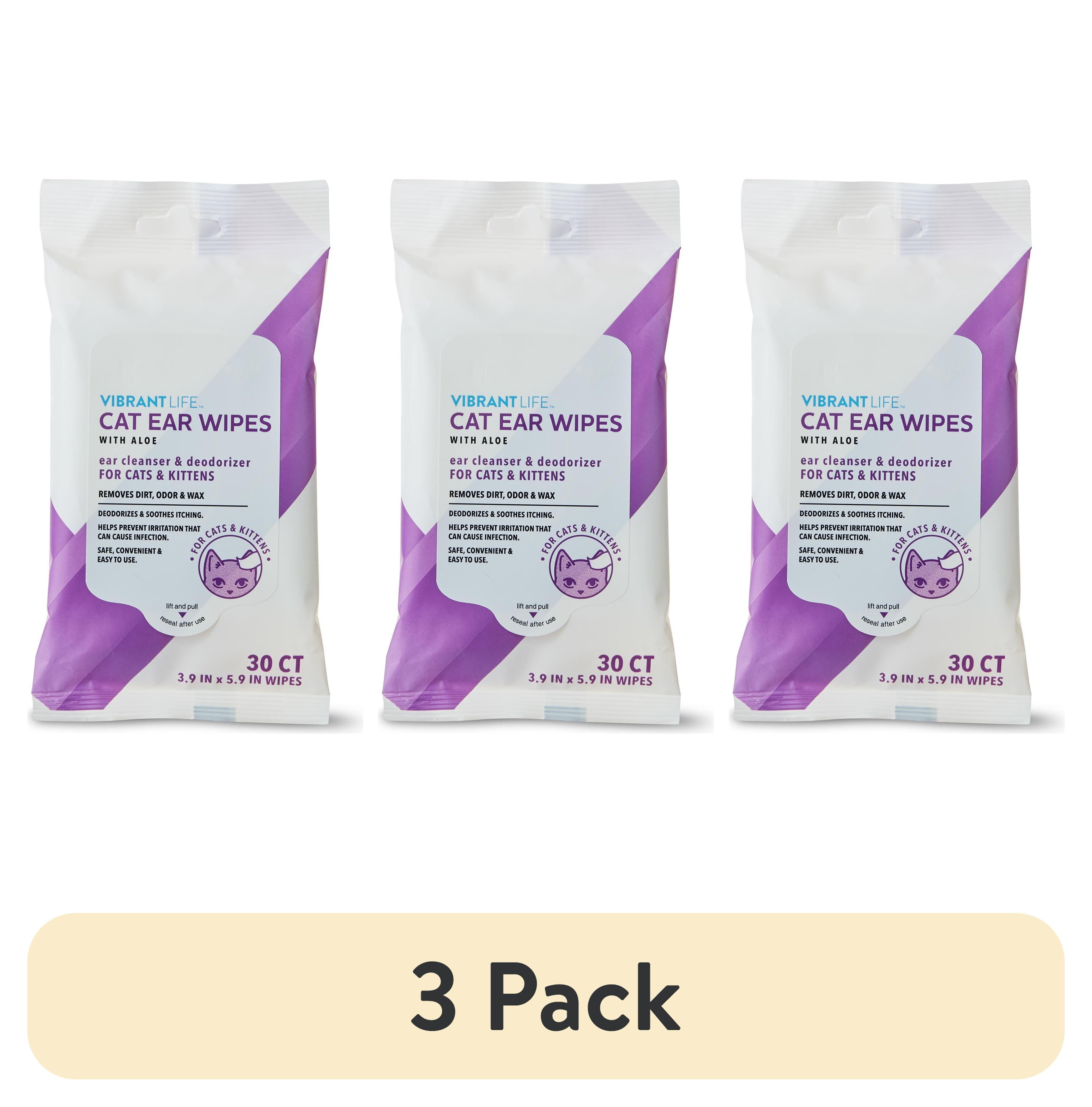 (3 pack) Vibrant Life Cat Ear Wipes with Aloe, 30 Count. Cat Ear Care Type of Wipe.