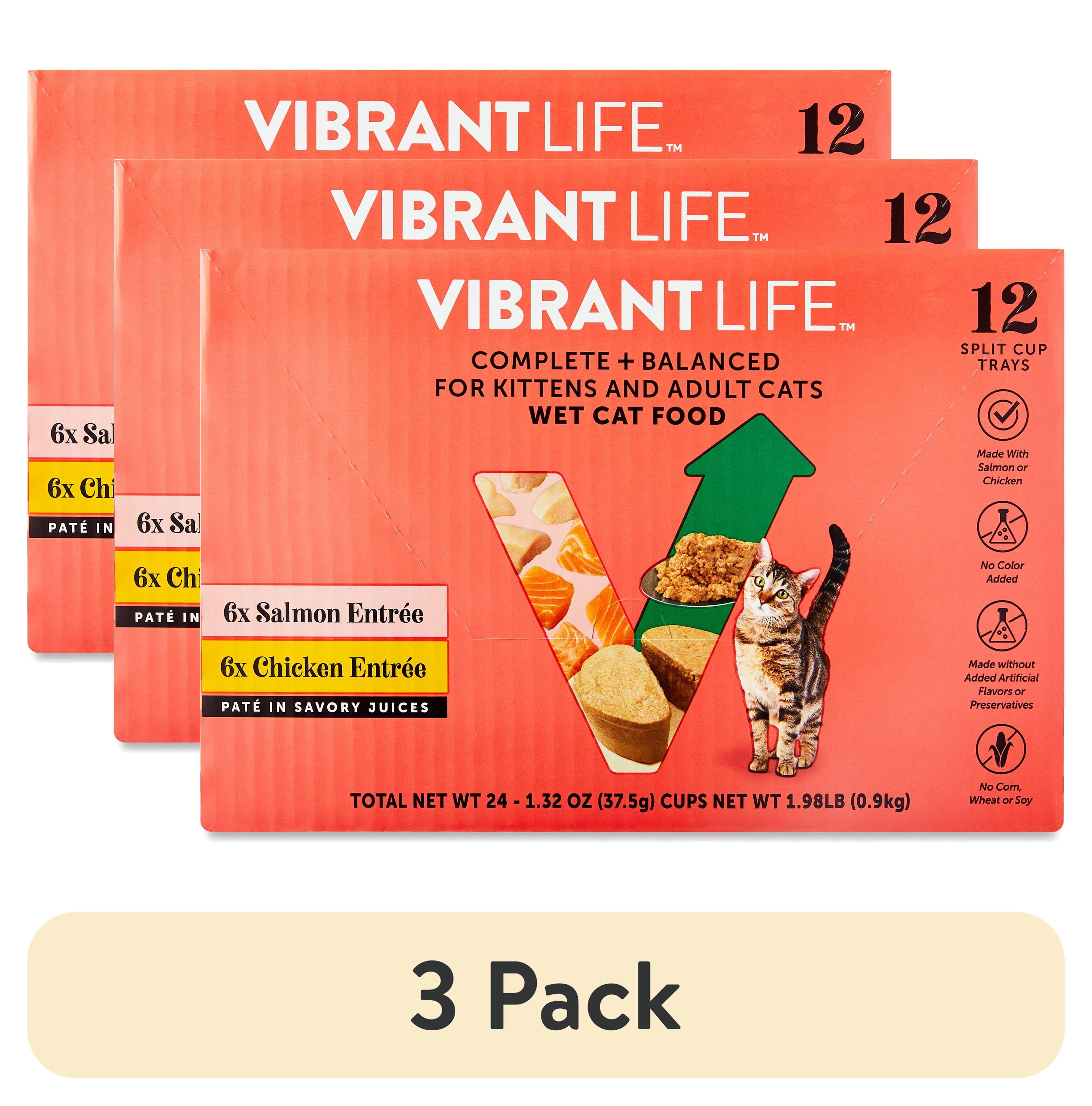 (3 pack) Vibrant Life Salmon & Chicken Pate in Savory Juices Wet Cat Food, Grain-Free, 2.64 oz Split Trays, 12 Count