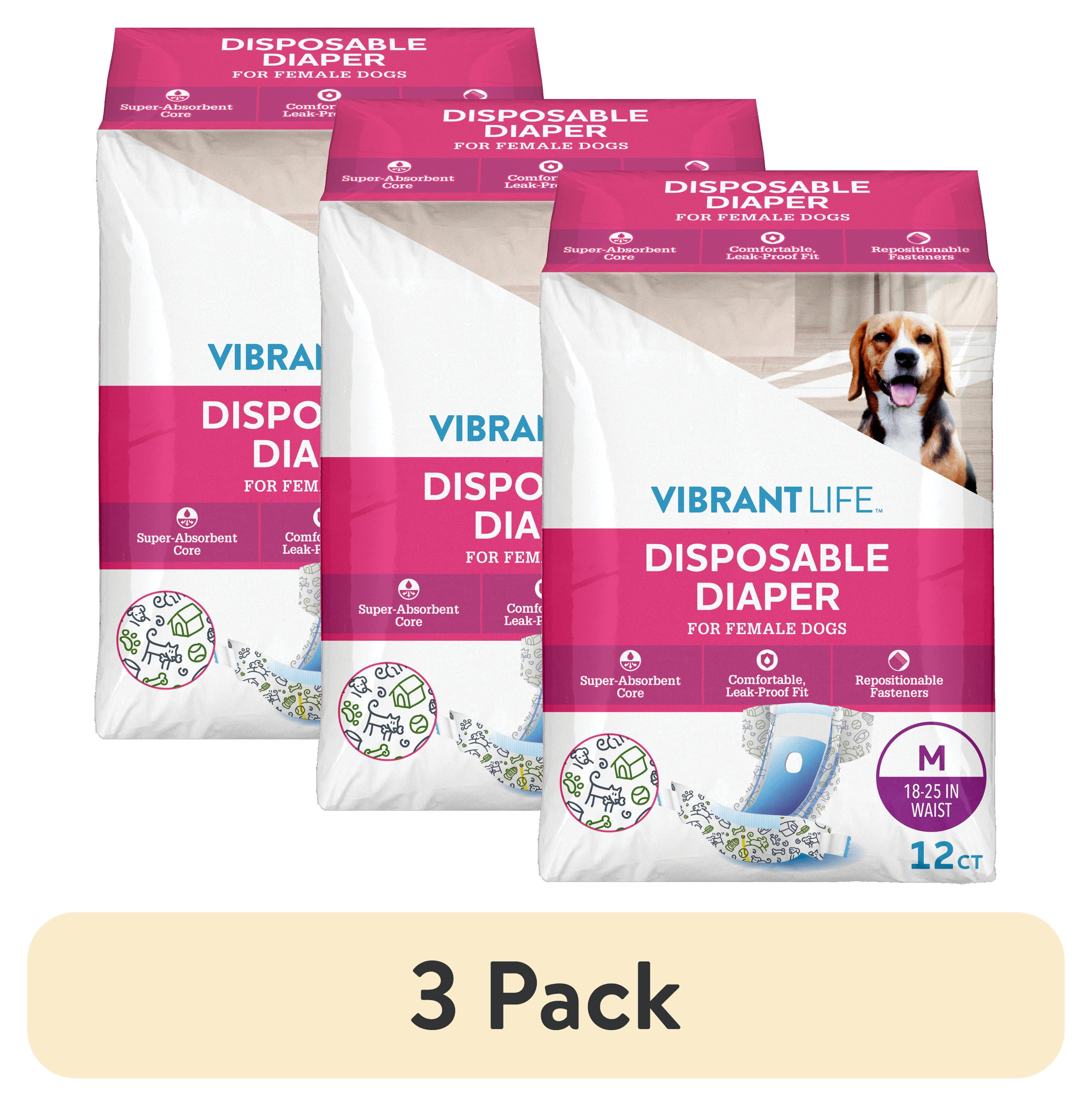 (3 pack) Vibrant Life Disposable Diapers for Female Dogs - Med