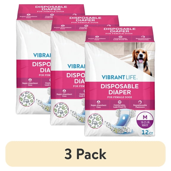 (3 pack) Vibrant Life Disposable Diapers for Female Dogs - Med