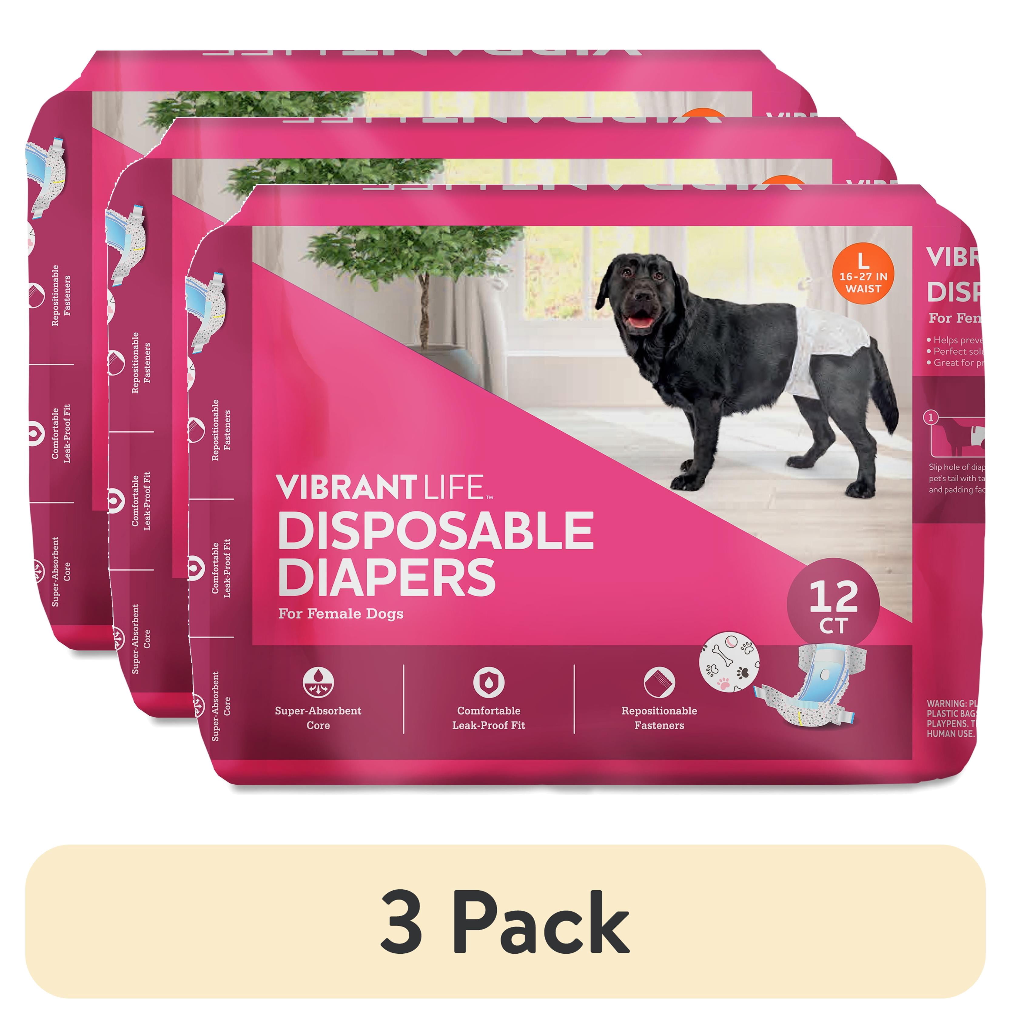 (3 pack) Vibrant Life Disposable Dog Diapers for Female Dogs, Large, 12 Count