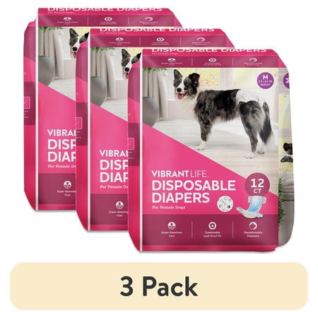 (3 pack) Vibrant Life Disposable Dog Diapers for Female Dogs, Medium, 12 Count