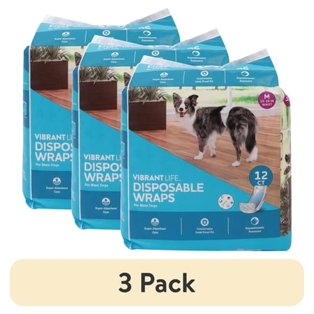 (3 pack) Vibrant Life Disposable Dog Wraps for Male Dogs, Medium, 12 Count