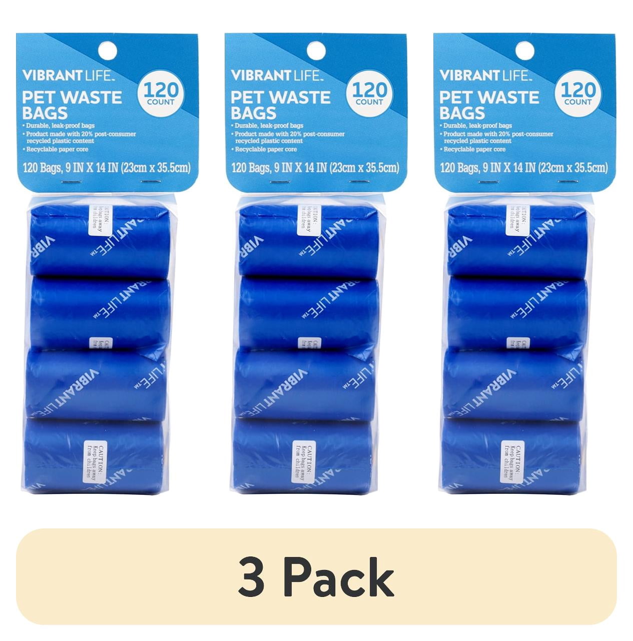 (3 pack) Vibrant Life Dog Waste Bags Refills, Total 120 Count on 8 rolls, Blue, 9" x 14"