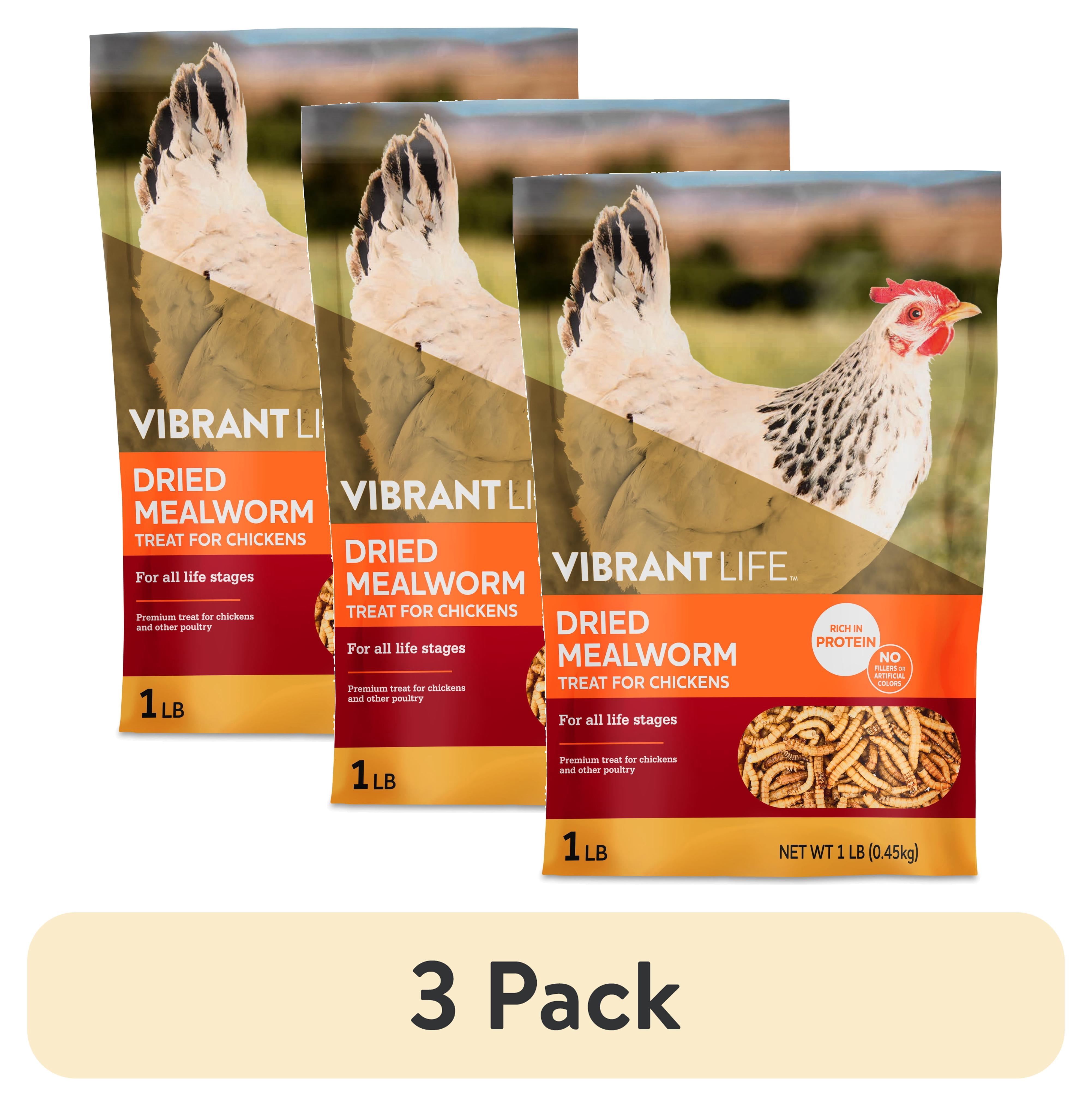 (3 pack) Vibrant Life Dried Mealworm Treat for Chickens, 1 lb Bag