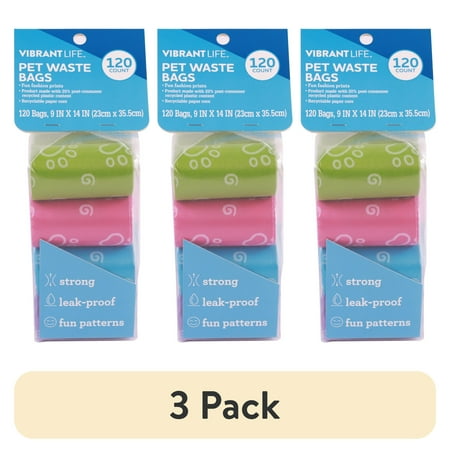 (3 pack) Vibrant Life Fashion Waste Pick up Bags for Dogs, Multicolor, Unscented, 120 Count