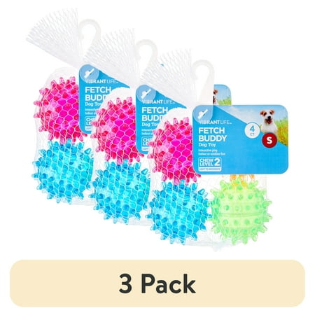 (3 pack) Vibrant Life Fetch Buddy Spiky Ball Fetch Dog Toys, 4-Pack Small, Color May Vary, Chew Level 2