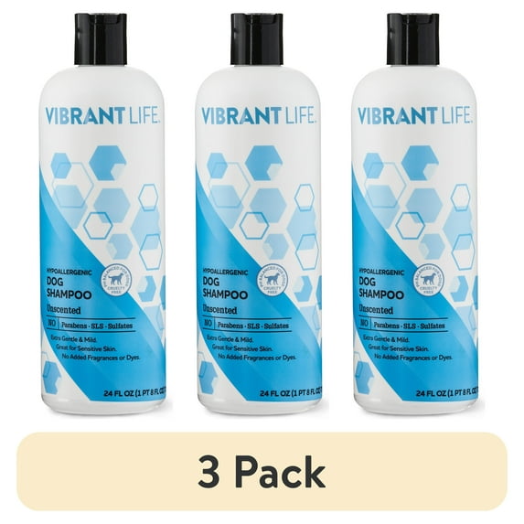 (3 pack) Vibrant Life Hypoallergenic Dog Shampoo, Unscented, 24 fl oz