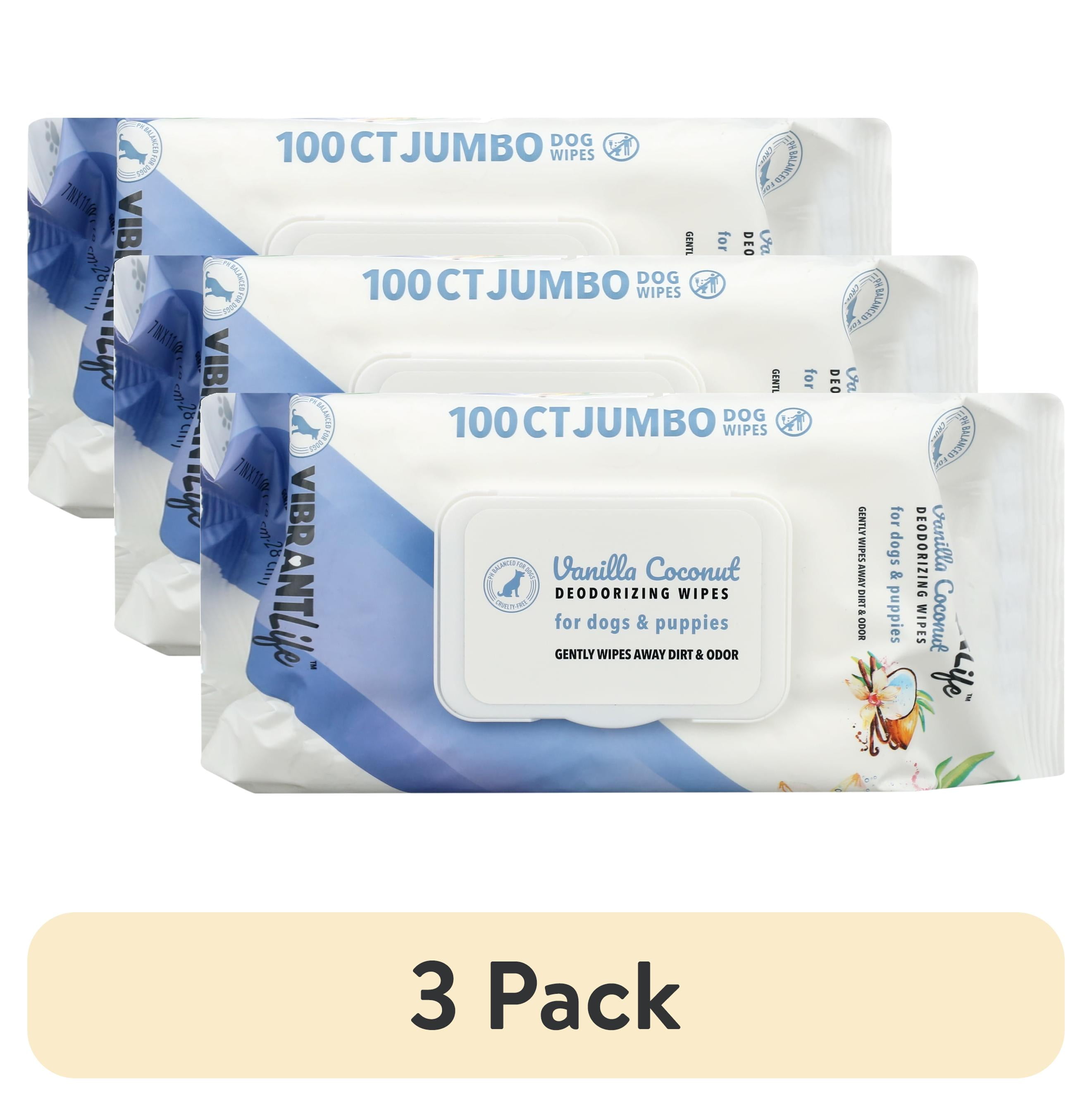 (3 pack) Vibrant Life Jumbo Deodorizing Wipes for Dogs & Puppies, Vanilla Coconut, 100 Count