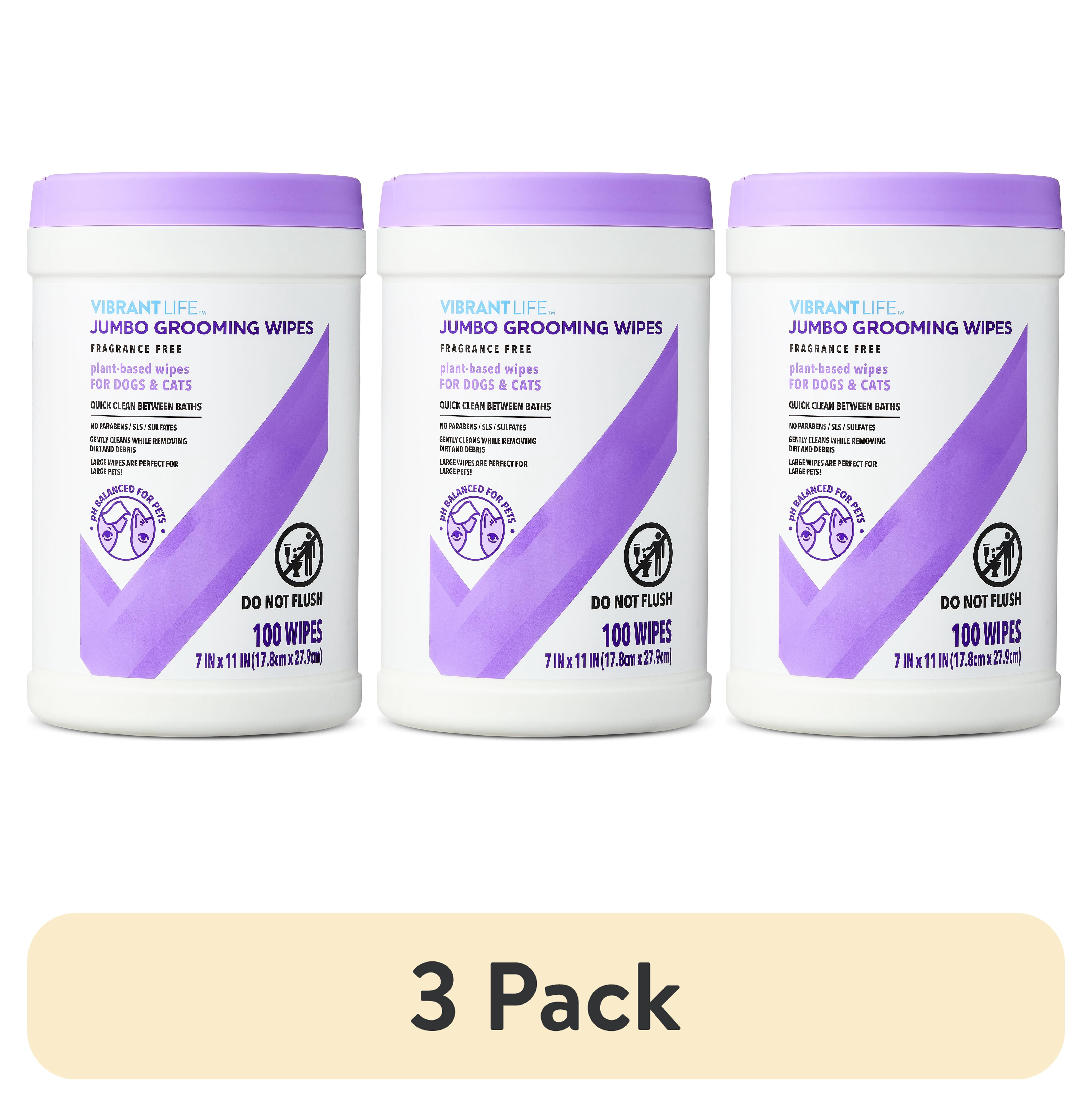 (3 pack) Vibrant Life Jumbo Grooming Wipes for Dogs & Cats, Fragrance Free, 100 Count