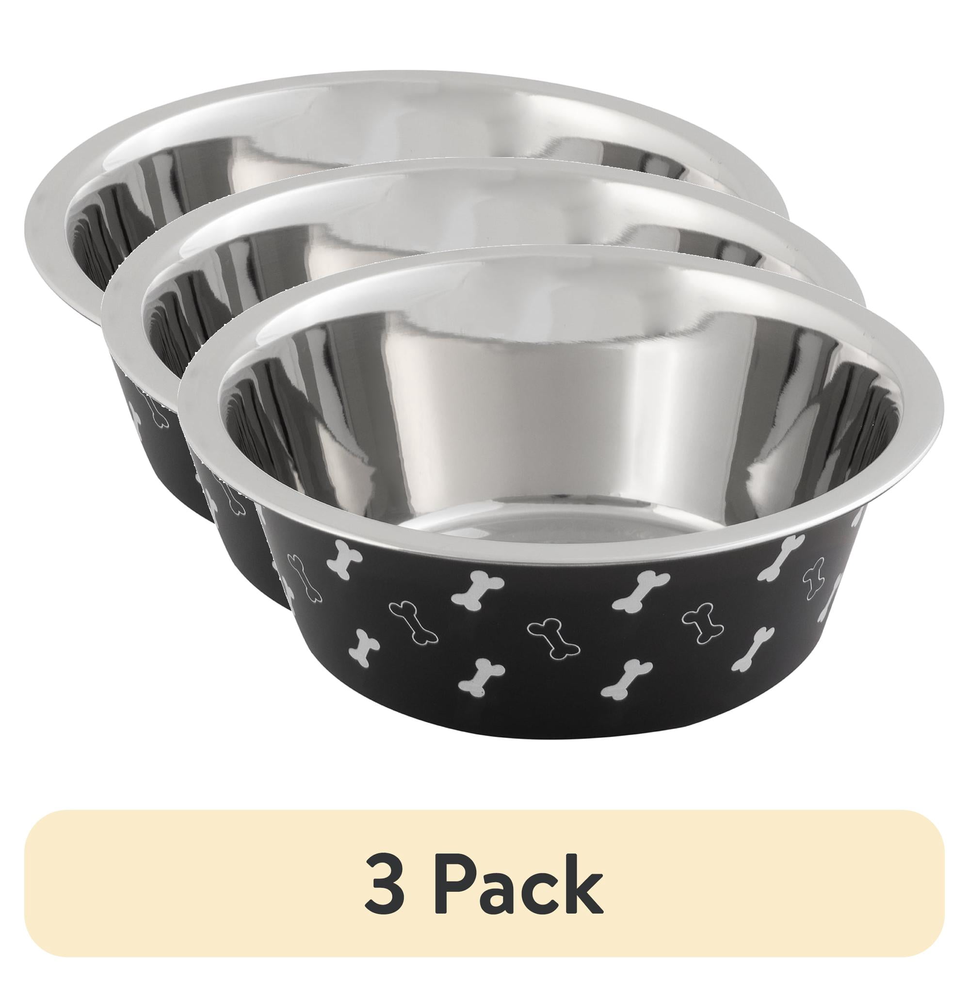 (3 pack) Vibrant Life Large Stainless Steel Dog Bowl, 48 fl oz, Black with Bones