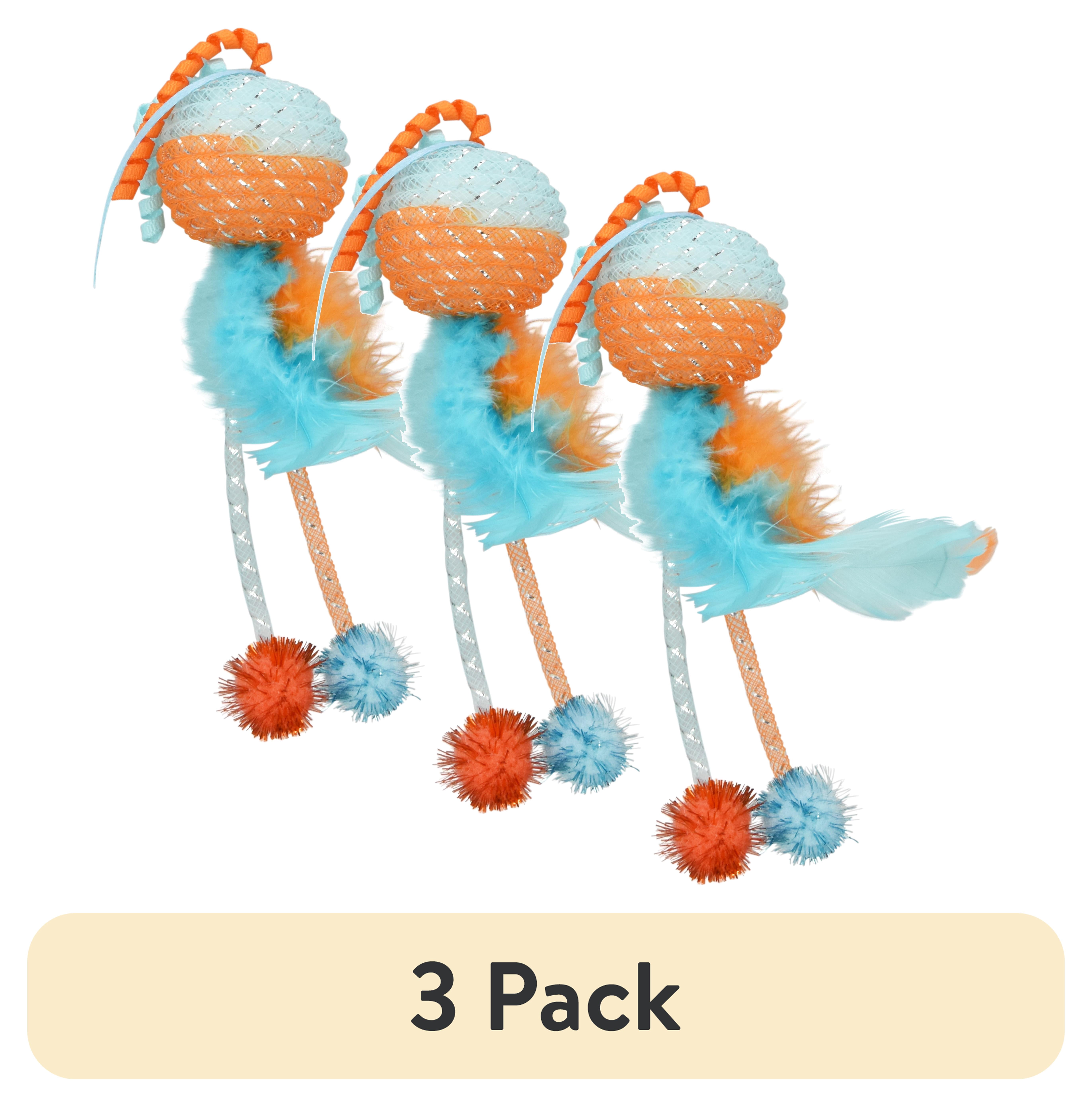 (3 pack) Vibrant Life Mesh Feather Ball Cat Toy, Orange/Blue