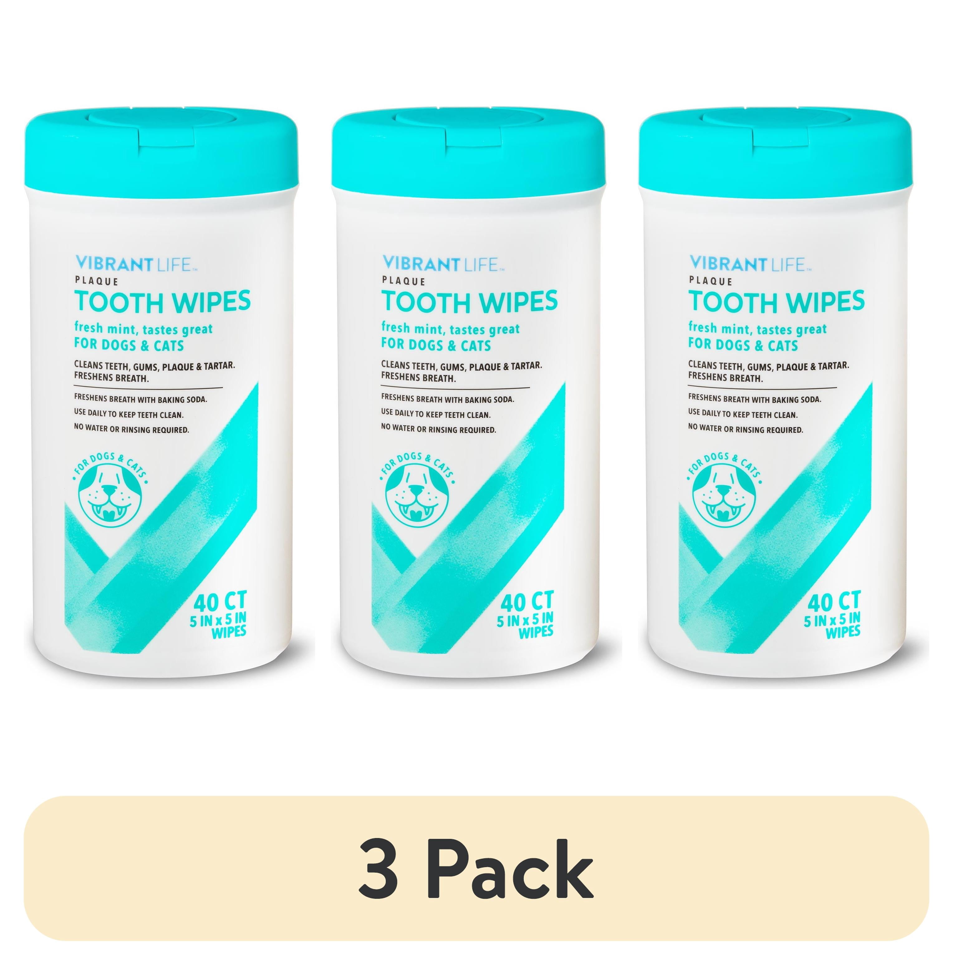 (3 pack) Vibrant Life Soft Mint Plaque Tooth Wipes for Cats & Dogs, 40 Count, Gentle Daily Oral Care