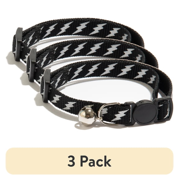 (3 pack) Vibrant Life Reflective Break-Away Adjustable Cat Collar, Black and Silver Lightning Bolt, One Size