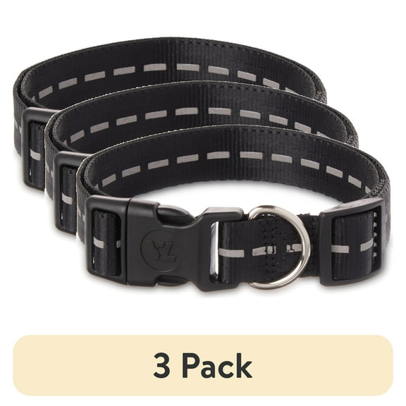 (3 pack) Vibrant Life Reflective Polyester Adjustable Dog Collar, Black, Large