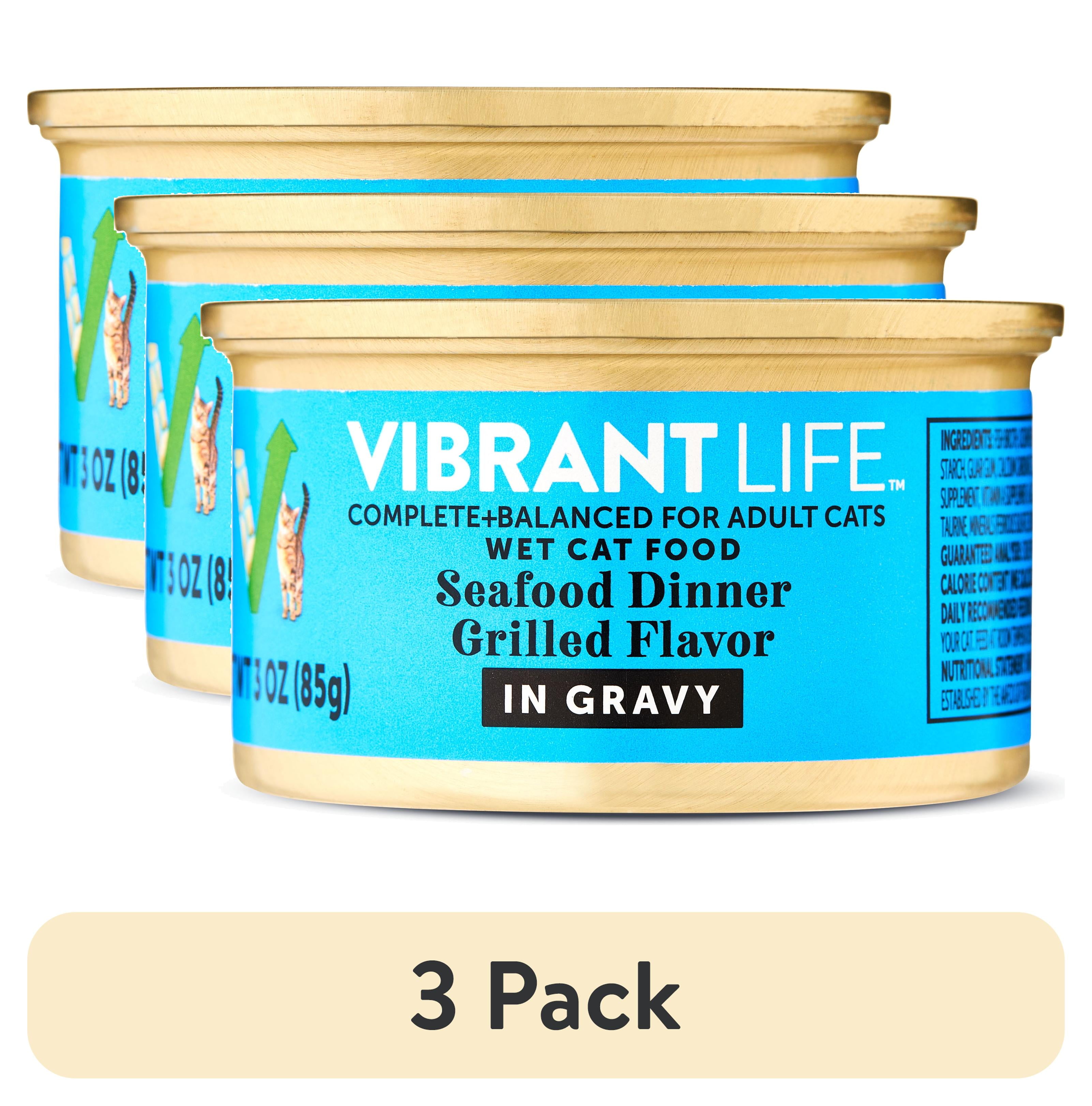 (3 pack) Vibrant Life Seafood Dinner Grilled Flavor in Gravy Wet Cat Food, 3 oz Can